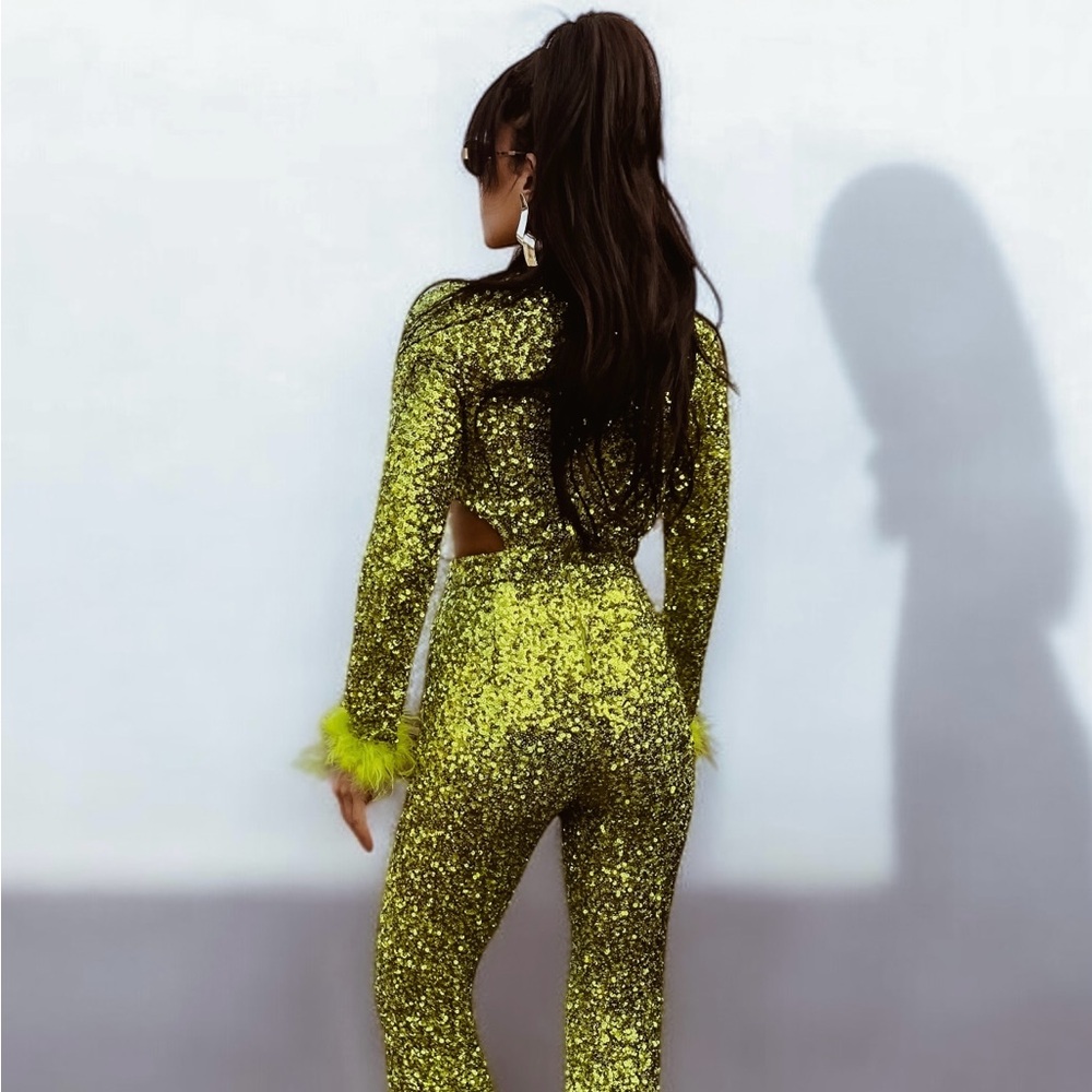 Green Disco Queen Festival Jumpsuit, Studio 54 Jumpsuit, Flared Leg Jumpsuit - Picture 3 of 10